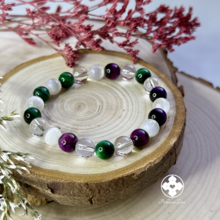 Náramek z minerálů - křišťál, tygří oko(barvené)